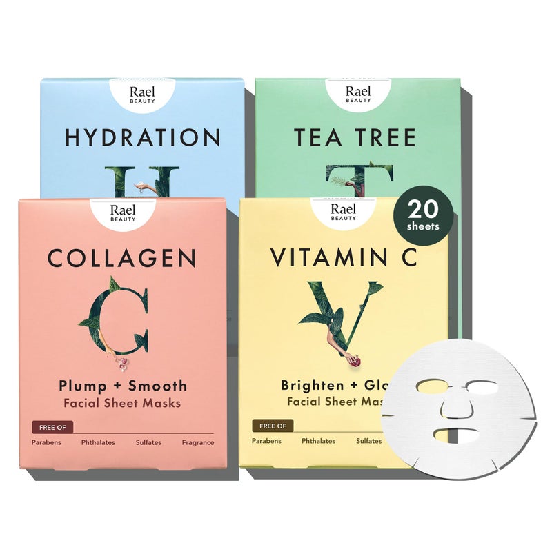 Rael Face Mask Skin Care Bamboo Facial Mask Sheet Set  Variety Pack Korean Skincare All Skin Types Gift Set 5 Hydration 5 Vitamin C 5 Collagen 5 Tea Tree 20 Sheets
